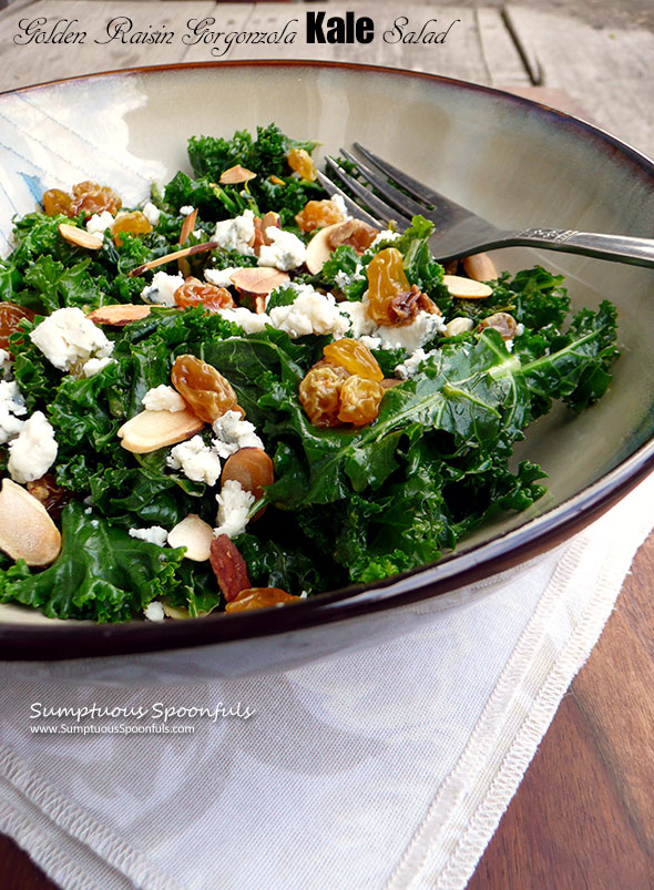 Golden Raisin Gorgonzola Kale Salad ~ Sumptuous Spoonfuls #kale #salad #recipe