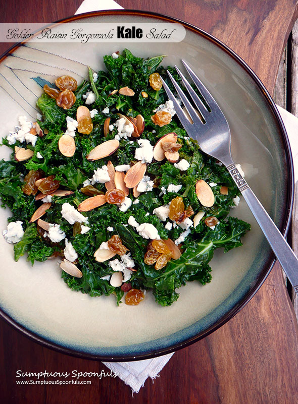 Golden Raisin Gorgonzola Kale Salad ~ Sumptuous Spoonfuls #kale #salad #recipe