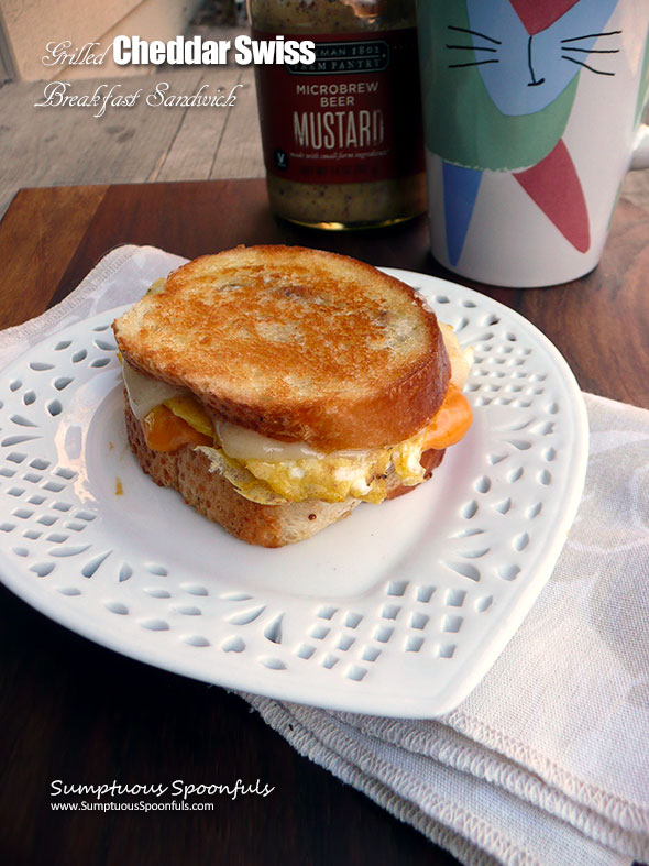 Grilled Cheddar Swiss Breakfast Sandwich ~ Sumptuous Spoonfuls - a bit of mustard makes this tastebud nirvana