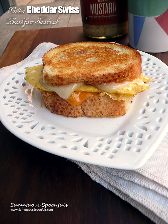 Grilled Cheddar Swiss Breakfast Sandwich ~ Sumptuous Spoonfuls - a bit of mustard makes this tastebud nirvana