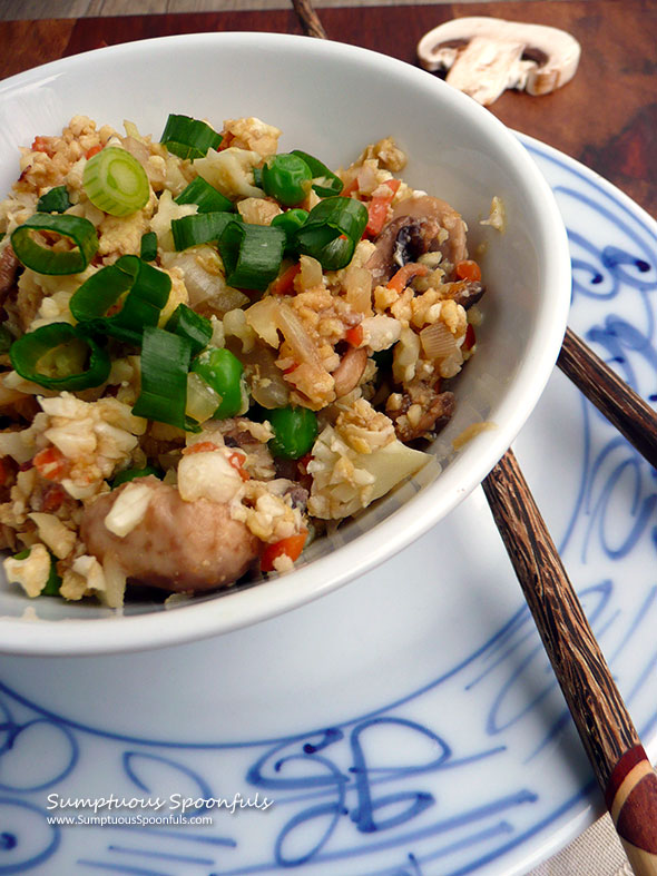 Mushroom Cauliflower Fried Rice ~ Sumptuous Spoonfuls #healthy #cauliflower #friedrice #recipe