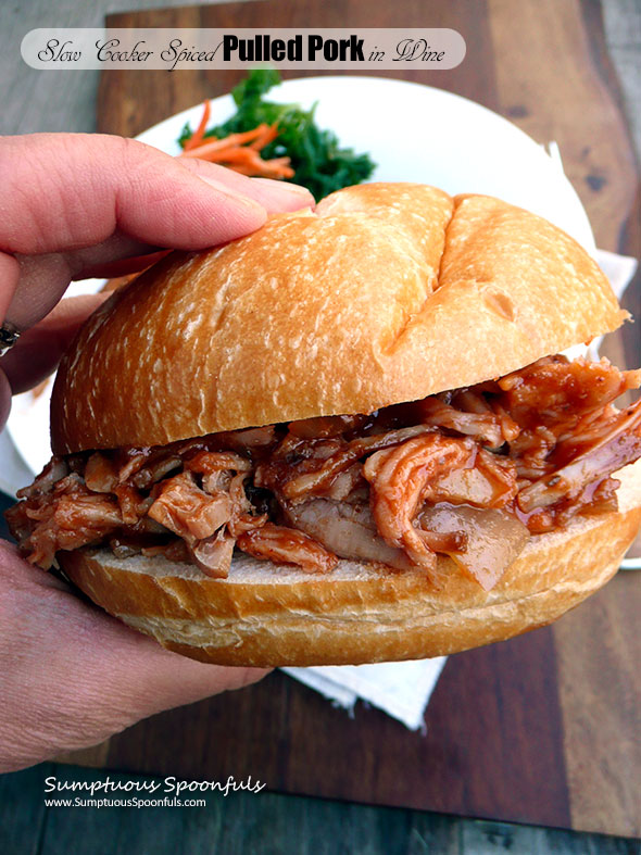 Slow Cooker Spiced Pulled Pork in Wine ~ Sumptuous Spoonfuls #pulledpork #crockpot #recipe