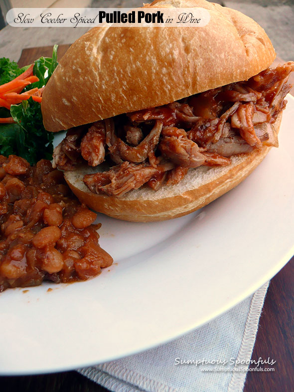 Slow Cooker Spiced Pulled Pork in Wine ~ Sumptuous Spoonfuls #pulledpork #crockpot #recipe