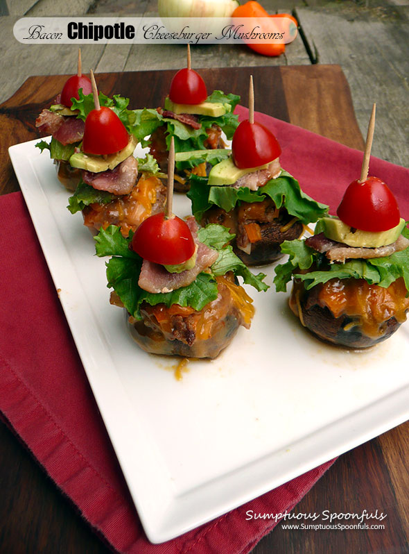 Bacon Chipotle Cheeseburger Stuffed Mushrooms ~ Sumptuous Spoonfuls ‪#‎burgermonth‬ #girlcarnivore #burger #mushroom #recipe