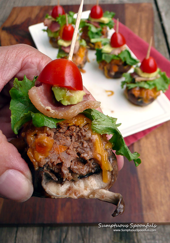 Bacon Chipotle Cheeseburger Stuffed Mushrooms ~ Sumptuous Spoonfuls ‪#‎burgermonth‬ #girlcarnivore #burger #mushroom #recipe