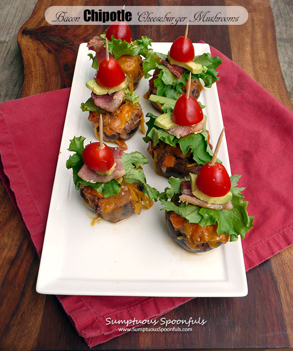 Bacon Chipotle Cheeseburger Stuffed Mushrooms ~ Sumptuous Spoonfuls ‪#‎burgermonth‬ #girlcarnivore #burger #mushroom #recipe