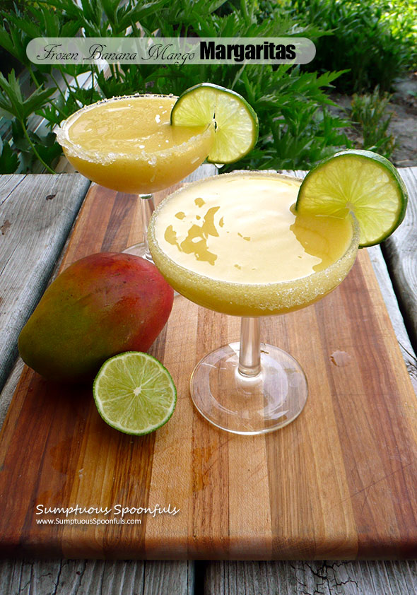Frozen Banana Mango Margaritas ~ Sumptuous Spoonfuls #tropical #margarita #recipe