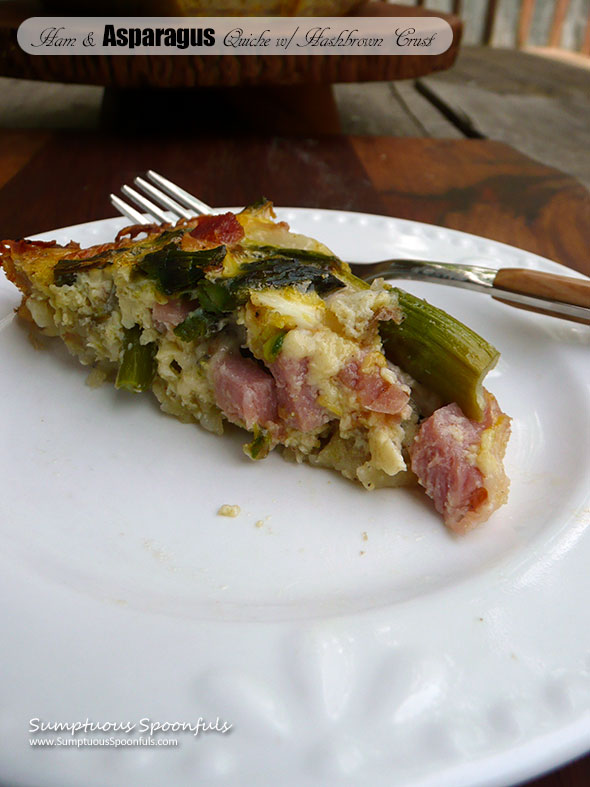 Ham & Asparagus Quiche with Hashbrown Crust ~ Sumptuous Spoonfuls #brunch #quiche #recipe
