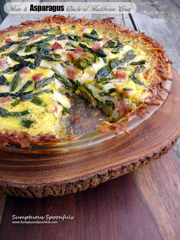 Ham & Asparagus Quiche with Hashbrown Crust ~ Sumptuous Spoonfuls #brunch #quiche #recipe