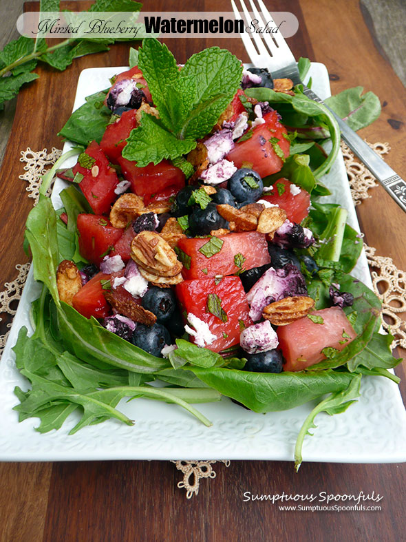 Minted Blueberry Watermelon Salad w Goat Cheese, Candied Almonds & Lavender Honey Vinaigrette ~ Sumptuous Spoonfuls #redwhite&blue #patriotic #summer #salad #recipe