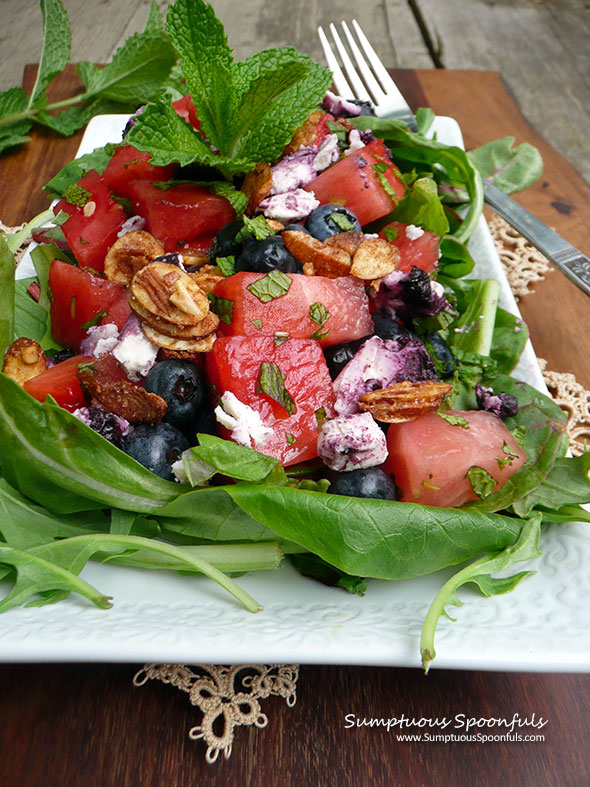 Minted Blueberry Watermelon Salad w Goat Cheese, Candied Almonds & Lavender Honey Vinaigrette ~ Sumptuous Spoonfuls #redwhite&blue #patriotic #summer #salad #recipe