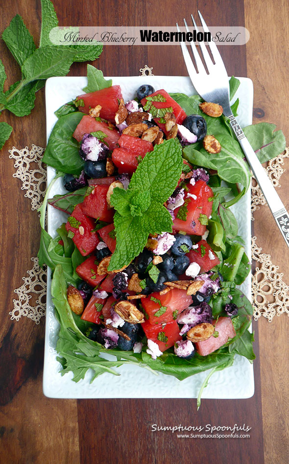 Minted Blueberry Watermelon Salad w Goat Cheese, Candied Almonds & Lavender Honey Vinaigrette ~ Sumptuous Spoonfuls #redwhite&blue #patriotic #summer #salad #recipe