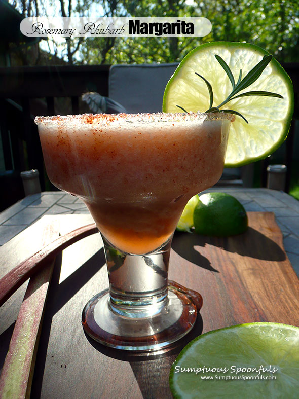 Rosemary Rhubarb Margaritas with Smoky Spicy Sweet Rim ~ Sumptuous Spoonfuls #Mexican #margarita #rhubarb #cocktail #recipe