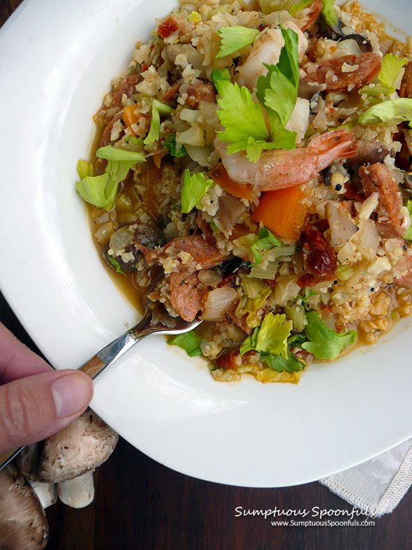 Shrimp, Sausage & Cauliflower "Rice" Jambalaya ~ Sumptuous Spoonfuls #skinny #creole #jambalaya #recipe