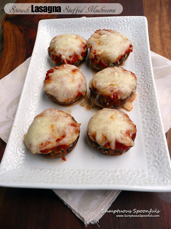 Spinach Lasagna Stuffed Mushrooms ~ Sumptuous Spoonfuls #lasagna #stuffed #mushrooms #lowcarb #recipe