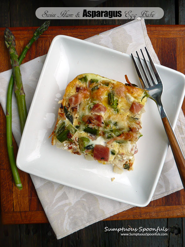 Swiss Ham & Asparagus Breakfast Bake ~ Sumptuous Spoonfuls #easy #eggbake #recipe