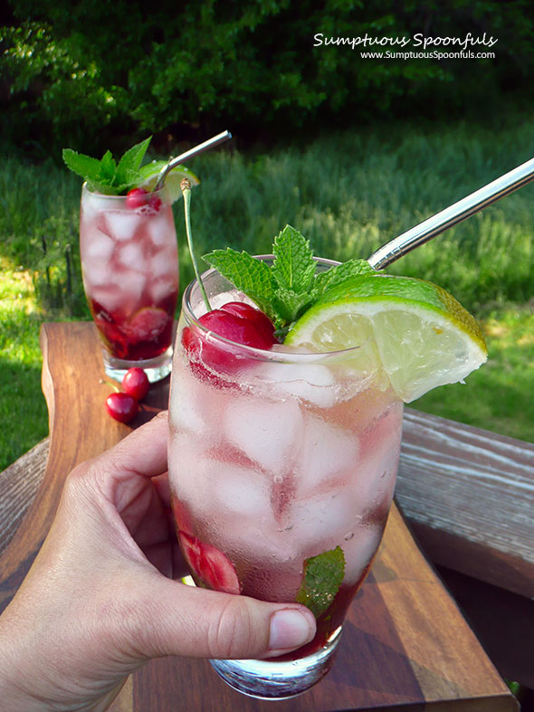 Cherry Lime Mojitos ~ Sumptuous Spoonfuls #mint #lime #cherry #rum #cocktail #recipe