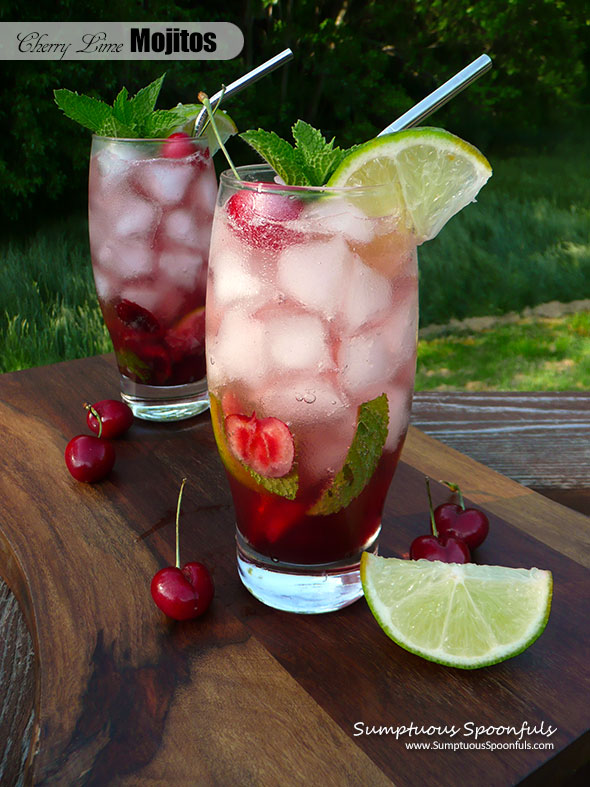 Cherry Lime Mojitos ~ Sumptuous Spoonfuls #mint #lime #cherry #rum #cocktail #recipe