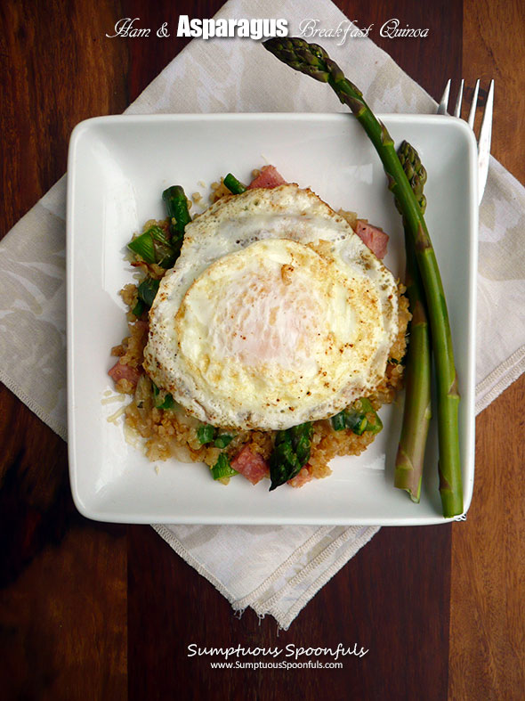 Ham & Asparagus Breakfast QUinoa ~ Sumptuous Spoonfuls #cheesy #breakfast #quinoa #egg #recipe