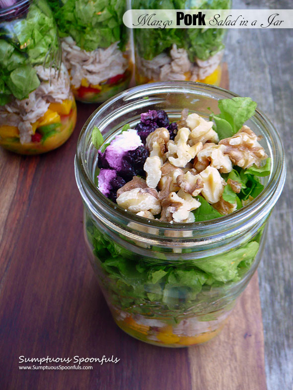 Mango Pork Salad in a Jar with blueberry goat cheese, toasted walnuts, cucumbers & a fiery grilled pineapple vinaigrette ~ Sumptuous Spoonfuls #portable #dinner #salad #recipe