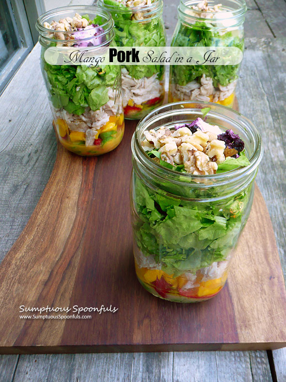 Mango Pork Salad in a Jar with blueberry goat cheese, toasted walnuts, cucumbers & a fiery grilled pineapple vinaigrette ~ Sumptuous Spoonfuls #portable #dinner #salad #recipe