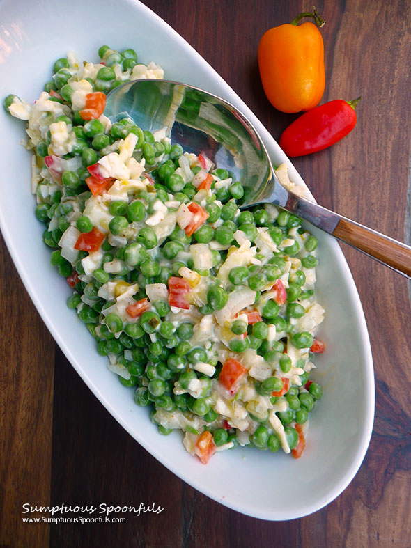 White Cheddar Green Pea Salad ~ Sumptuous Spoonfuls #easy #potluck #salad #recipe