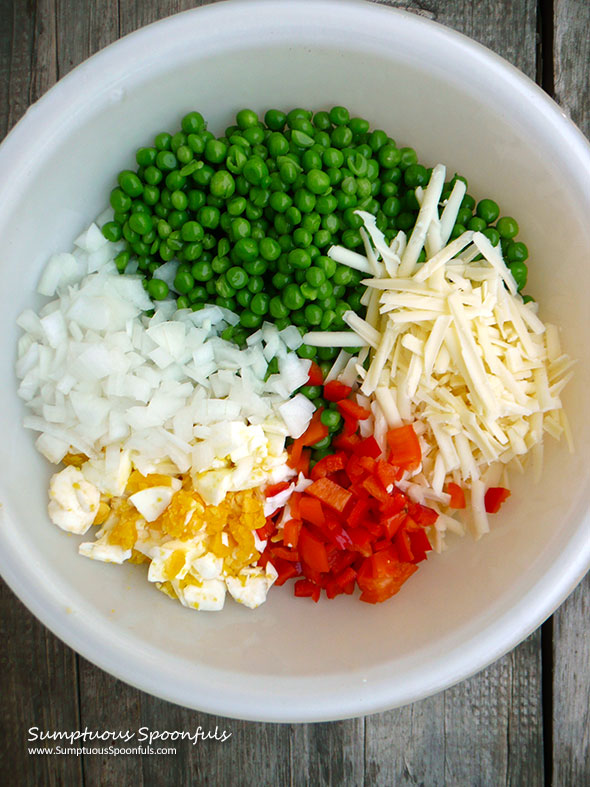 White Cheddar Green Pea Salad ~ Sumptuous Spoonfuls #easy #potluck #salad #recipe