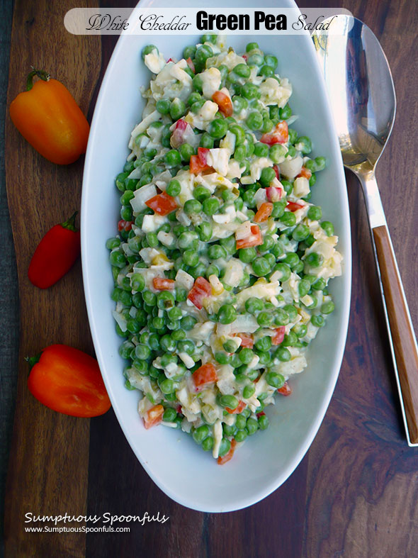 White Cheddar Green Pea Salad ~ Sumptuous Spoonfuls #easy #potluck #salad #recipe