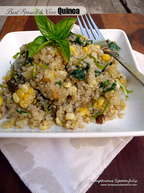 Basil Spinach & Corn Quinoa ~ Sumptuous Spoonfuls #vegetarian #glutenfree #quinoa #recipe