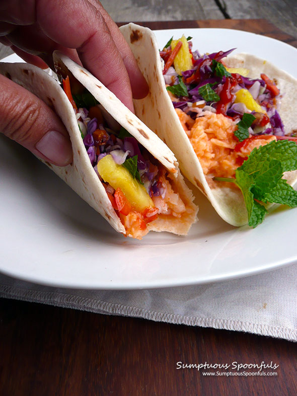 Hawaiian Shrimp Street Tacos ~ Sumptuous Spoonfuls #tropical #shrimp #tacos #recipe