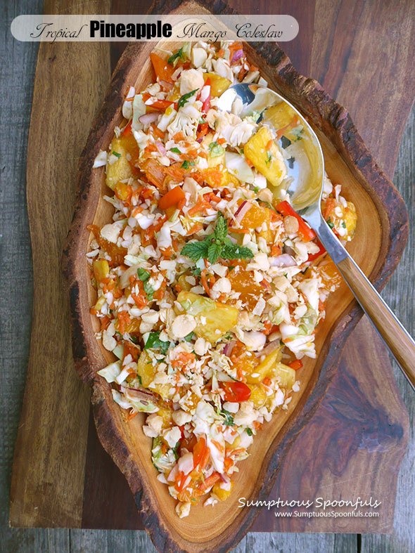 Tropical Pineapple Mango Coleslaw with Macadamias ~ Sumptuous Spoonfuls #Hawaiian #fruity #slaw #recipe