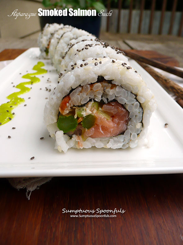 Asparagus Smoked Salmon Sushi ~ Sumptuous Spoonfuls #homemade #smokedsalmon #sushi #recipe