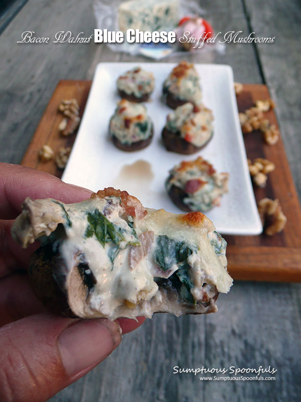 Bacon Walnut Blue Cheese Stuffed Mushrooms ~ Sumptuous Spoonfuls #bacon #bluecheese #stuffed #mushrooms #recipe