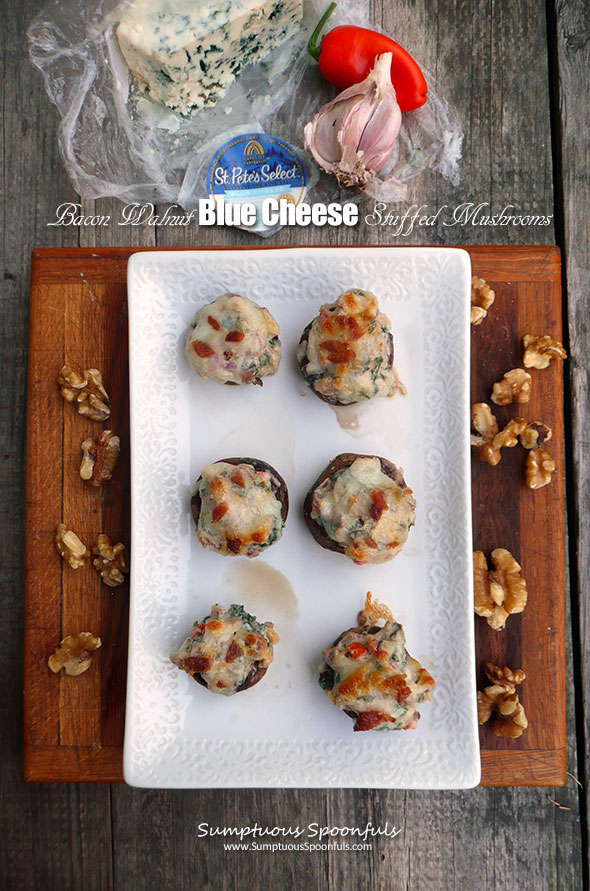 Bacon Walnut Blue Cheese Stuffed Mushrooms ~ Sumptuous Spoonfuls #bacon #bluecheese #stuffed #mushrooms #recipe