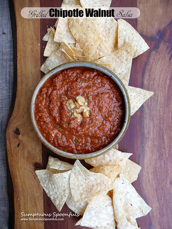 Grilled Chipotle Walnut Salsa ~ Sumptuous Spoonfuls #spicy #smoky #salsa #recipe