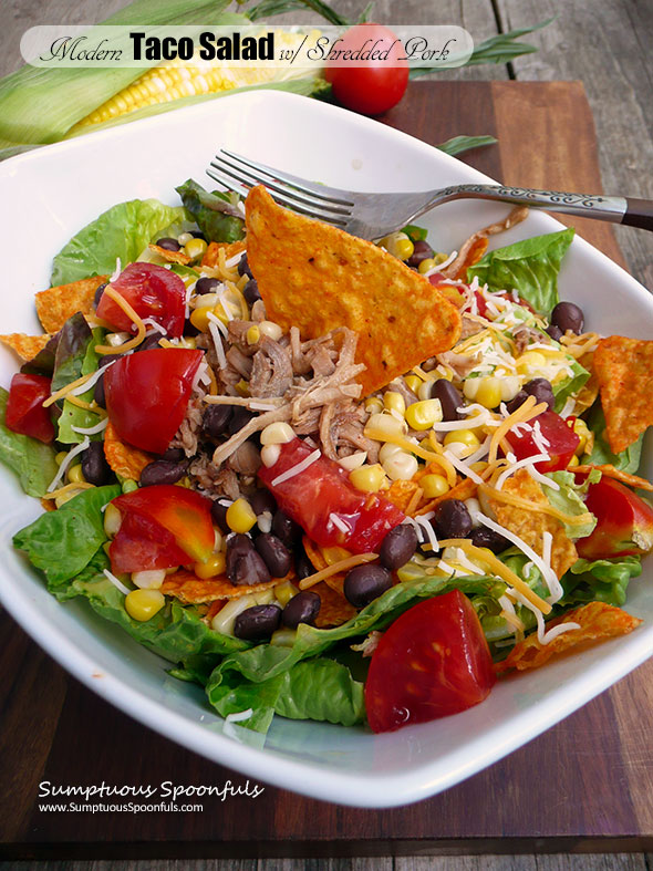 Modern Taco Salad w/Shredded Pork, Black Beans, Corn & a Sriracha Ranch dressing ~ Sumptuous Spoonfuls #taco #salad #copycat #recipe