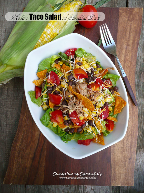 Modern Taco Salad w/Shredded Pork, Black Beans, Corn & a Sriracha Ranch dressing ~ Sumptuous Spoonfuls #taco #salad #copycat #recipe