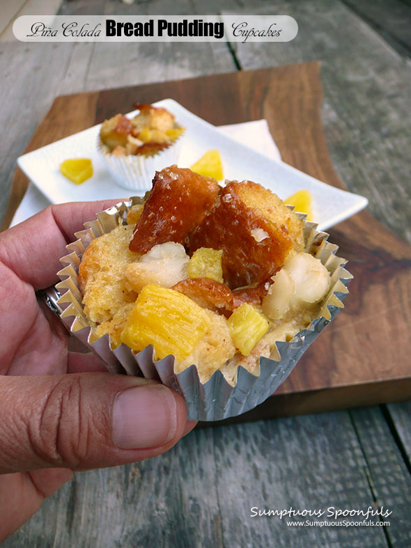 Piña Colada Bread Pudding Cupcakes ~ Sumptuous Spoonfuls #pineapple #coconut #breadpudding #recipe