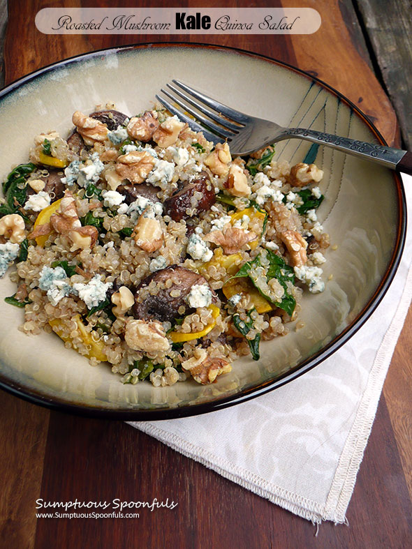 Roasted Mushroom Kale Quinoa Salad with blue cheese crumbles & toasted walnuts ~ Sumptuous Spoonfuls #mushroom #kale #quinoa