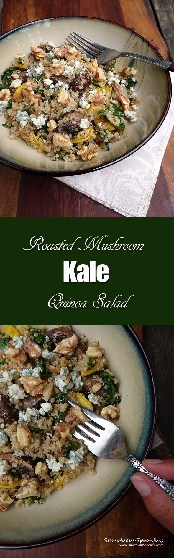 Roasted Mushroom Kale Quinoa Salad with blue cheese crumbles & toasted walnuts ~ Sumptuous Spoonfuls #mushroom #kale #quinoa