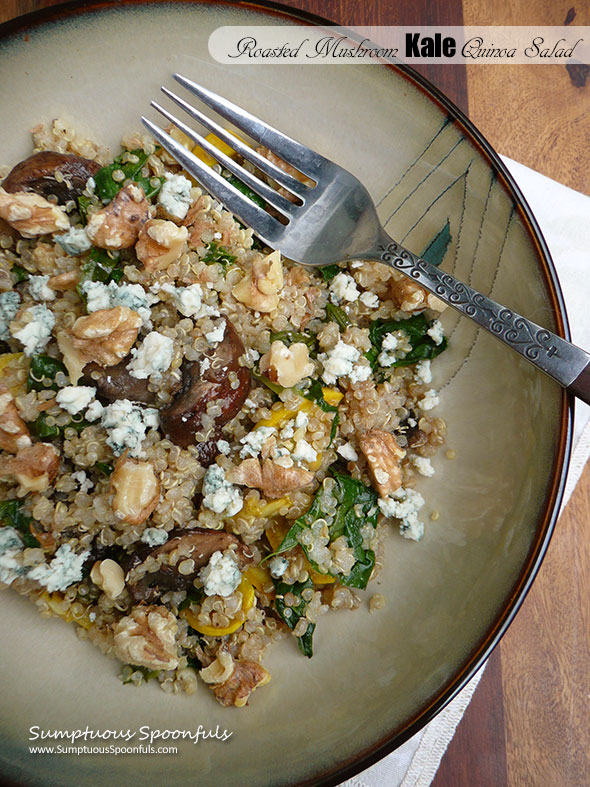 Roasted Mushroom Kale Quinoa Salad with blue cheese crumbles & toasted walnuts ~ Sumptuous Spoonfuls #mushroom #kale #quinoa