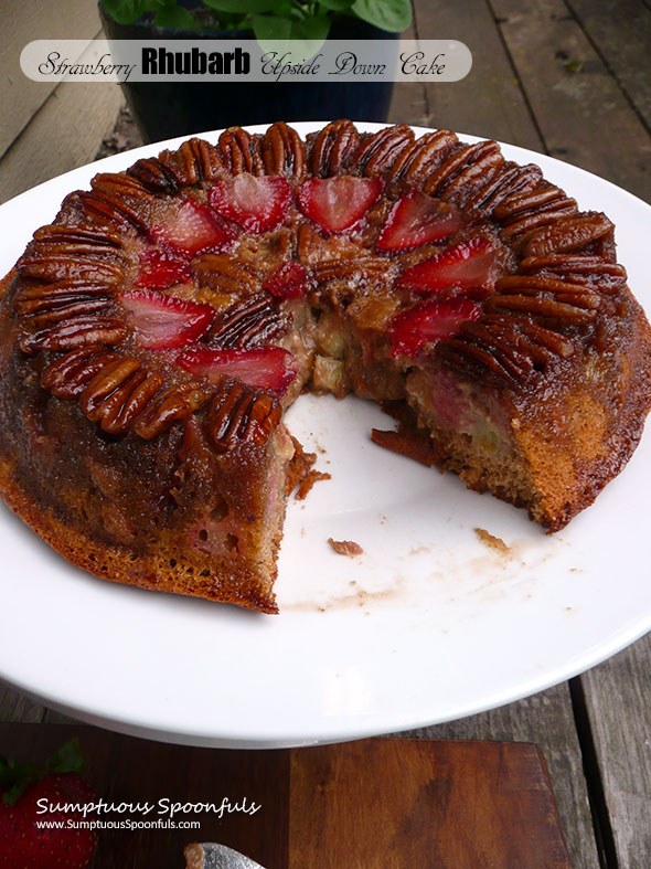 Strawberry Rhubarb Upside Down Cake ~ Sumptuous Spoonfuls #summer #fruity #caramel #cake #recipe