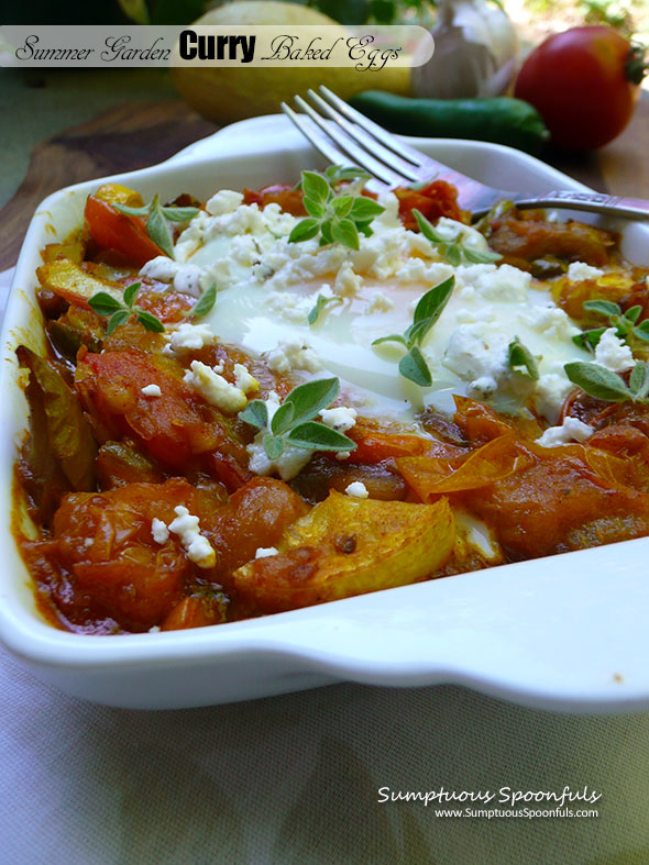 Summer Garden Curry Baked Eggs ~ Sumptuous Spoonfuls #garden #tomato #spicy #curry #breakfast #recipe