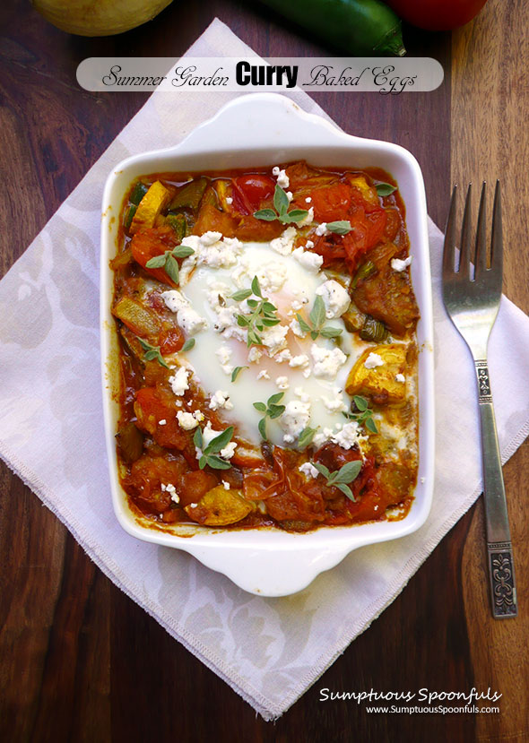 Summer Garden Curry Baked Eggs ~ Sumptuous Spoonfuls #garden #tomato #spicy #curry #breakfast #recipe