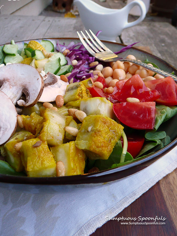 Turmeric Roasted Eggplant & Chickpea Salad ~ Sumptuous Spoonfuls #deconstructed #hummus #salad #eattherainbow