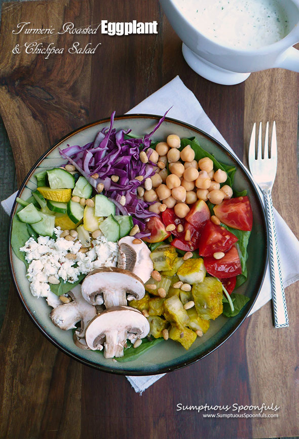 Turmeric Roasted Eggplant & Chickpea Salad ~ Sumptuous Spoonfuls #deconstructed #hummus #salad #eattherainbow