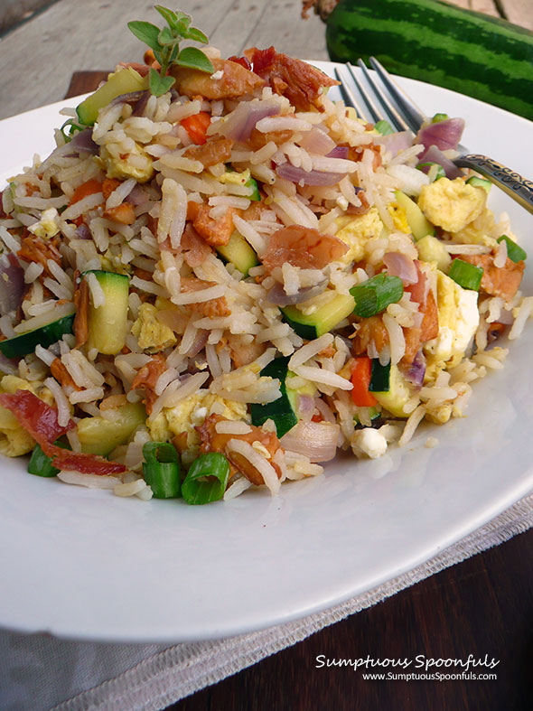 Bacon Mushroom Zucchini Fried Rice ~ Sumptuous Spoonfuls #bacon #zucchini #friedrice #recipe