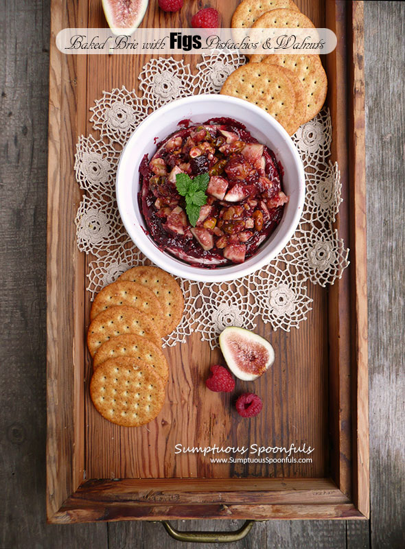 Baked Brie with Figs, Pistachios & Walnuts ~ Sumptuous Spoonfuls #quick #easy #appetizer #recipe