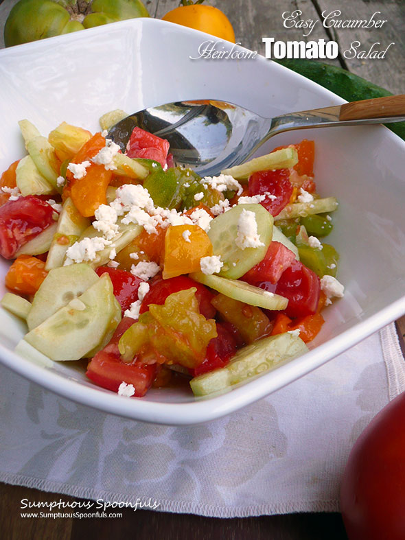 Easy Cucumber Heirloom Tomato Salad ~ Sumptuous Spoonfuls #heirloom #tomato #cucumber #salad