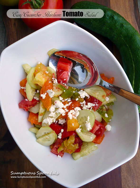 Easy Cucumber Heirloom Tomato Salad ~ Sumptuous Spoonfuls #heirloom #tomato #cucumber #salad
